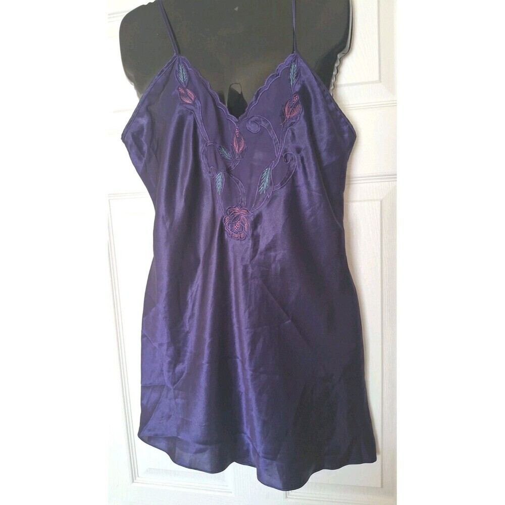 Val Mode Silky Satin Slip Dress Chemise Medium Purple Sheer Floral Embroidered